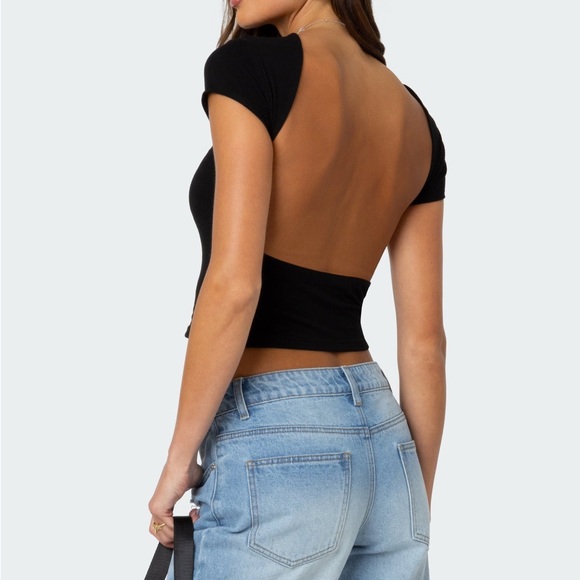 Edikted Black Open-Back Short Sleeve Top - Picture 1 of 5